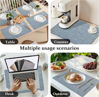 FROMHEART Faux Leather Placemats Set of 4–Waterproof,Heat/Oil Stain-Resistant PU Table Mat–Reversible,Non-Slip,Easy to Clean Place Mats for Kitchen,Dining,Indoor/Outdoor,(Light Blue,11.8" x 17")