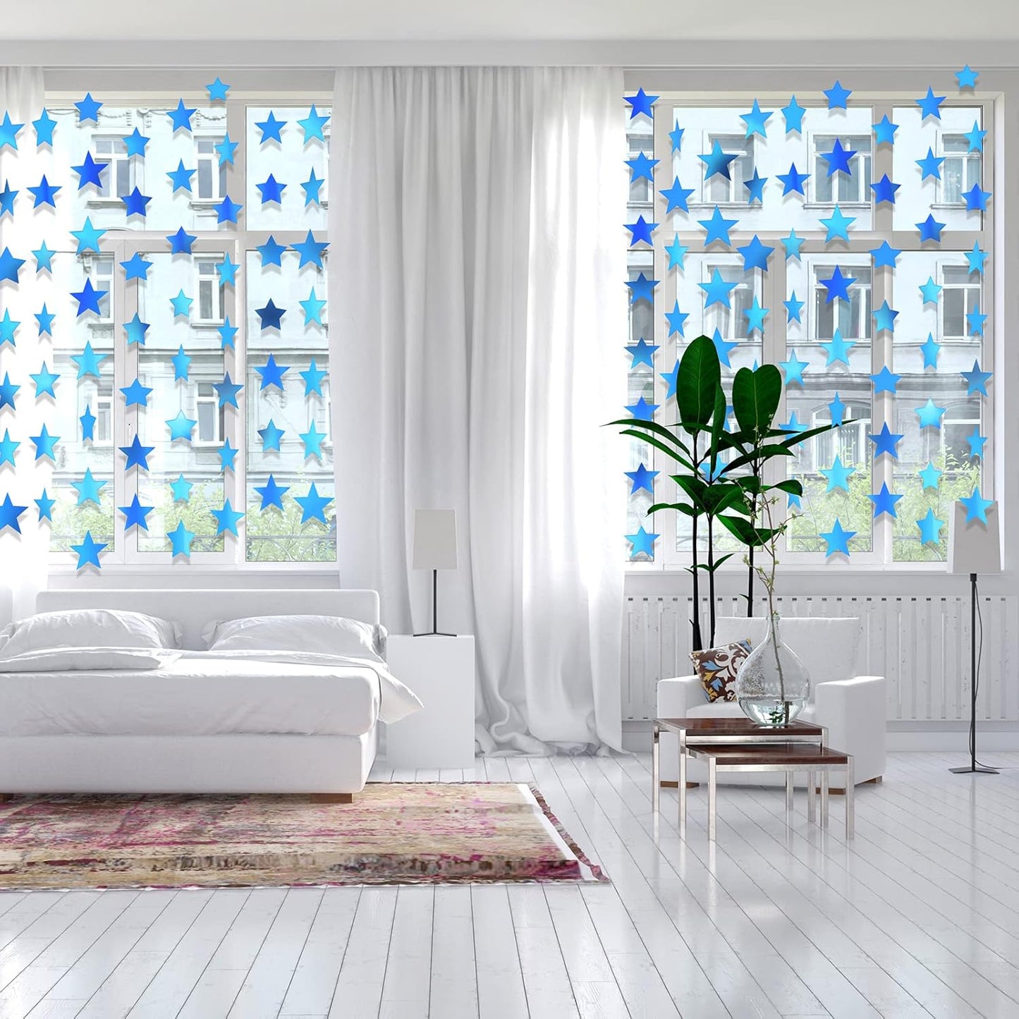 Patelai Glitter Star Garland Banner Decor 130 Feet Star Hanging Bunting Banner Twinkle Backdrop for Homecoming Classroom Wedding Birthday Halloween Christmas Party Supplies(Holographic Blue)