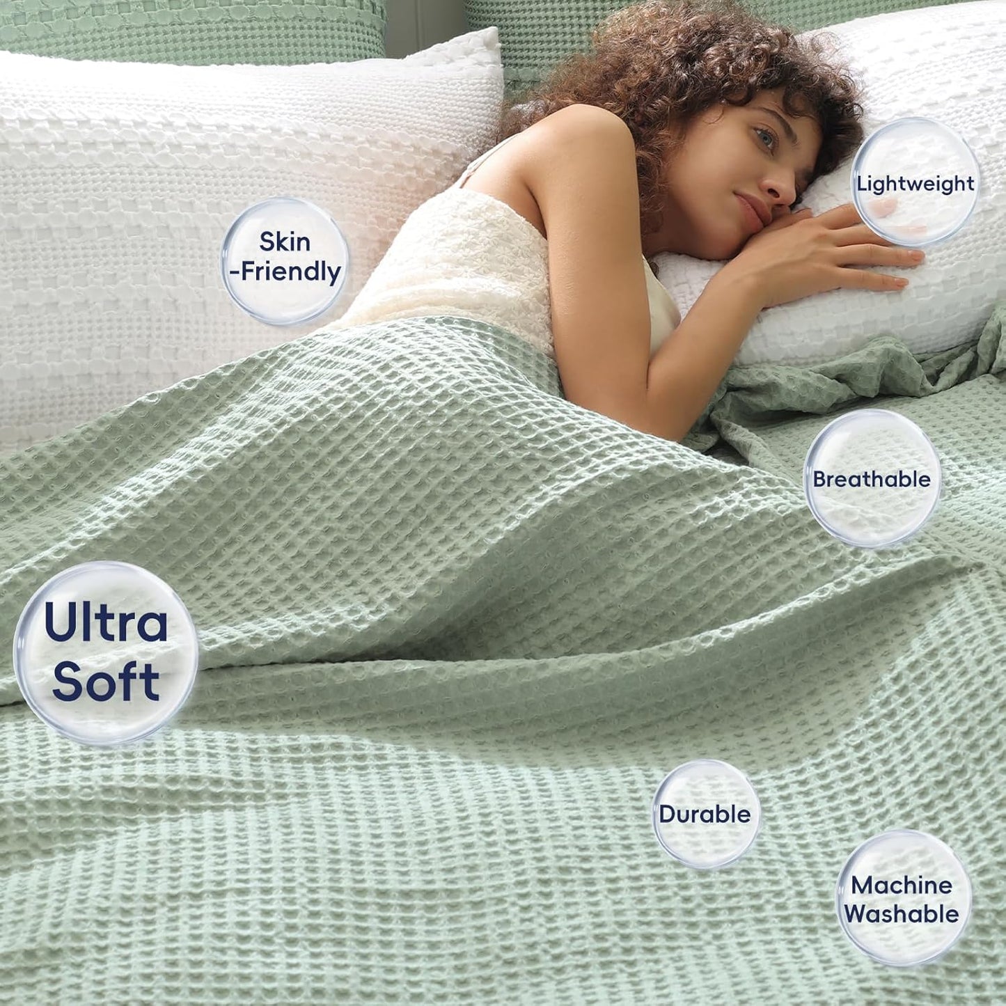 PHF Ultra Soft Waffle Weave Blanket Twin Size 66"x 90"- Washed Lightweight Breathable Cozy Woven Blanket for Bed - Aesthetic Decor for Couch Bedding Sofa Home Car - Sage Green/Mint Green