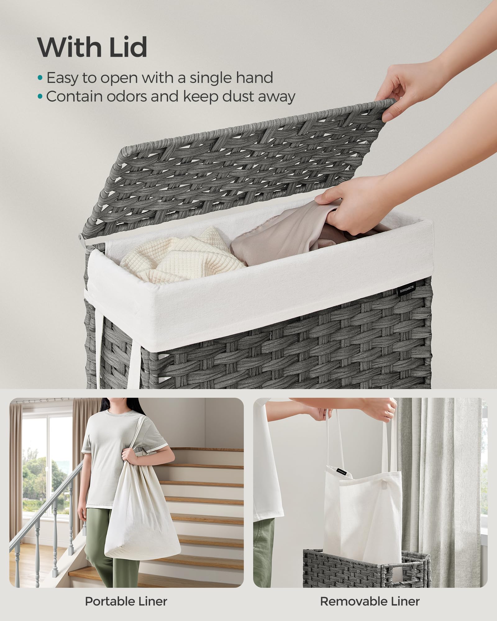 SONGMICS Slim Laundry Hamper with Lid, 14.5 Gallon (55L) Rattan Clothes Laundry Basket with Lid and
