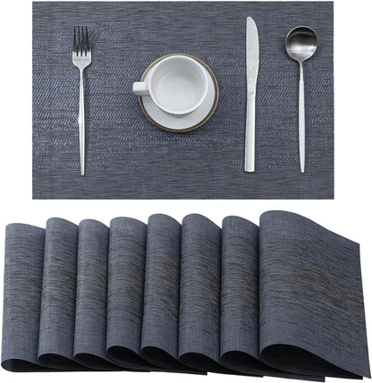 Leetaltree Denim Blue Placemats Set of 8 - Heat Resistant Non-Slip Place mats for Dining Table, Washable Durable PVC Vinyl Woven Table Mats（Denim Blue, 8）