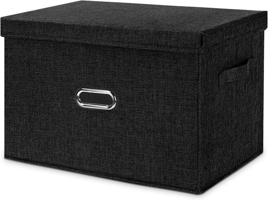 Large Linen Fabric Foldable Storage Bins with Removable Lid and Handles, Washable Storage Box Organizer Containers Baskets Cube with Cover for Bedroom,Office(Black, XXL)