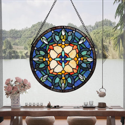Handcrafted Stained Glass Window Panel - 12-Inch Round Floral Design with Vibrant Colors, Elegant Decorative Hanging Art for Home Décor, Includes 20-Inch Chain & Hook (Blue iris)