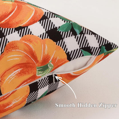 decorUhome Fall Orange Pumpkin Decorative Throw Pillow Covers 16x16 Set of 2, Buffalo Plaid Check Farmhouse Cushion Covers for Autumn Harvest Couch Sofa Bed Home Decor