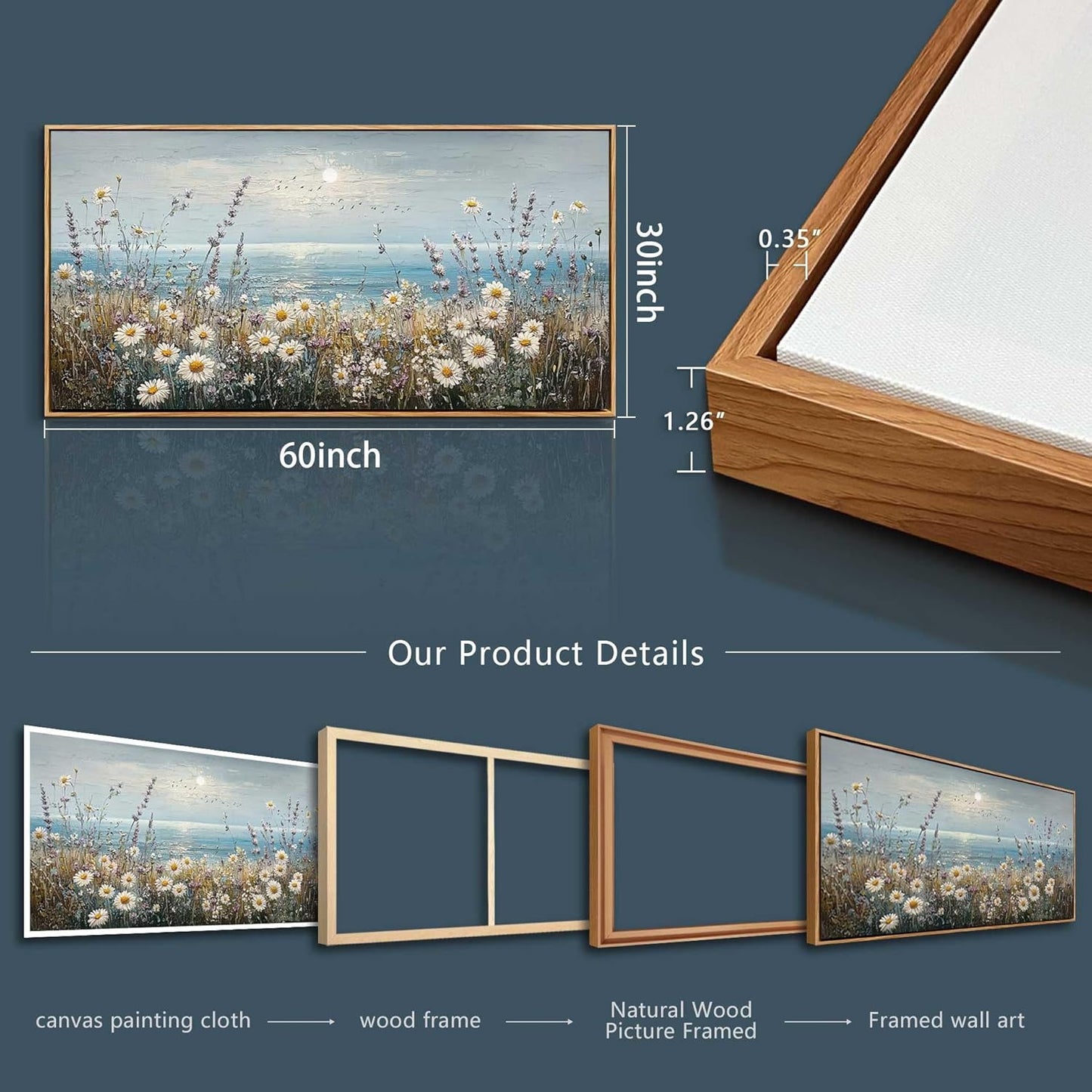 PHAOHUAXM Large Canvas Printing Artworks Mural Wall Decor For Living Room Wall Art For Bedroom Office Decor Blue Ocean Paintings Flowers Watercolour Wall Pictures Home Decor Wood Framed 30x60 In