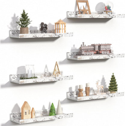 upsimples Floating Shelves for Wall, Wall Shelves for Decor Storage Set of 6, Wall Mounted Wood Shelf for Bedroom, Living Room, Bathroom, Kitchen, Picture Ledge Shelf, Rustic White