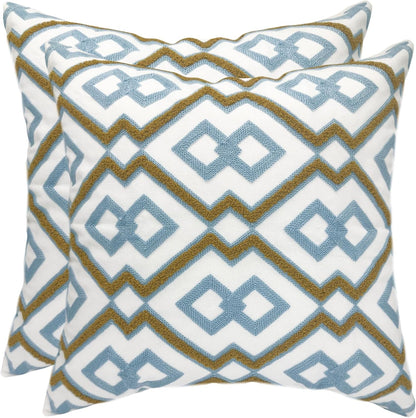 Alysheer Embroidered Decorative Throw Pillow Cover 18"x 18" Set of 2, Classic Boho Geometric Embroidery Pattern Cotton Rectangular Cushion Case for Sofa Couch Living Room Bedroom (Blue Khaki)