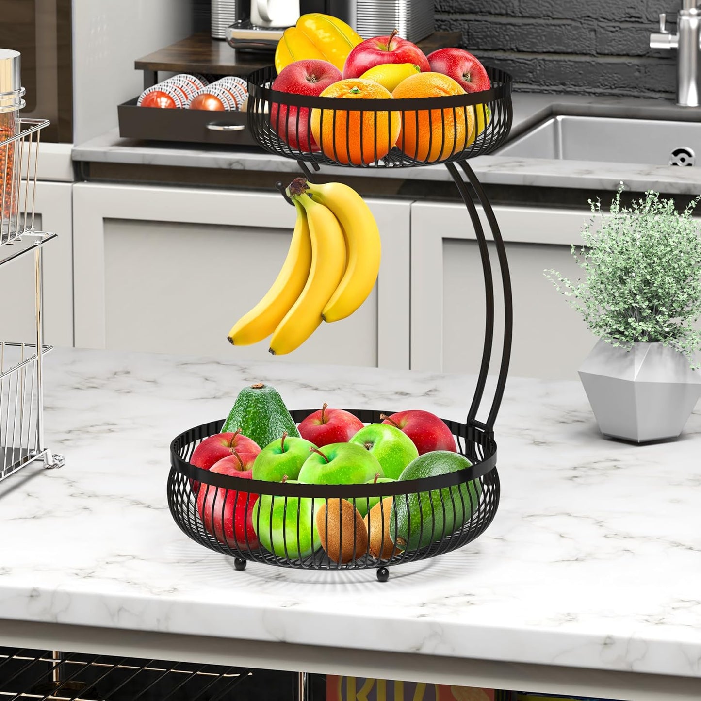 Simple Houseware 2-Tier Countertop Fruit Basket with Banana Hanger, Black