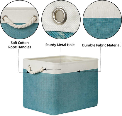 Bidtakay Foldable Storage Bins Set of 2 Tall Cloth Baskets 16" X 11.8" X 11.8" Decorative Organizers for Linen Closet (White & Teal)