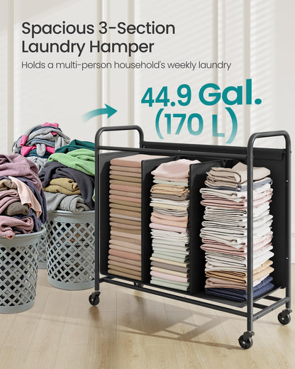 SONGMICS 3-Section Laundry Sorter, Laundry Hamper with Wheels, Rolling Clothes Hamper Cart with