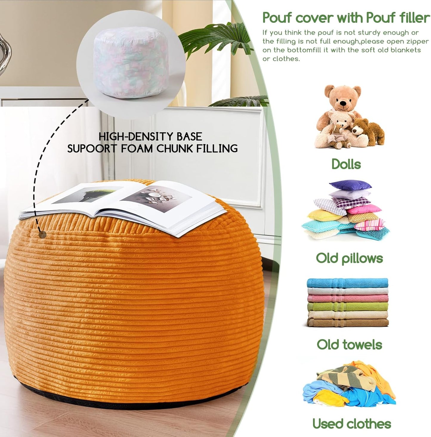 HIGOGOGO Round Stuffed Pouf Ottoman, Corduroy Poufs with Foam Chunk Filling, Furry and Fluffy Pouf Foot Stool Storage Ottoman, 20 X 15 Floor Poufs Foot Rest for Living Room, Orange