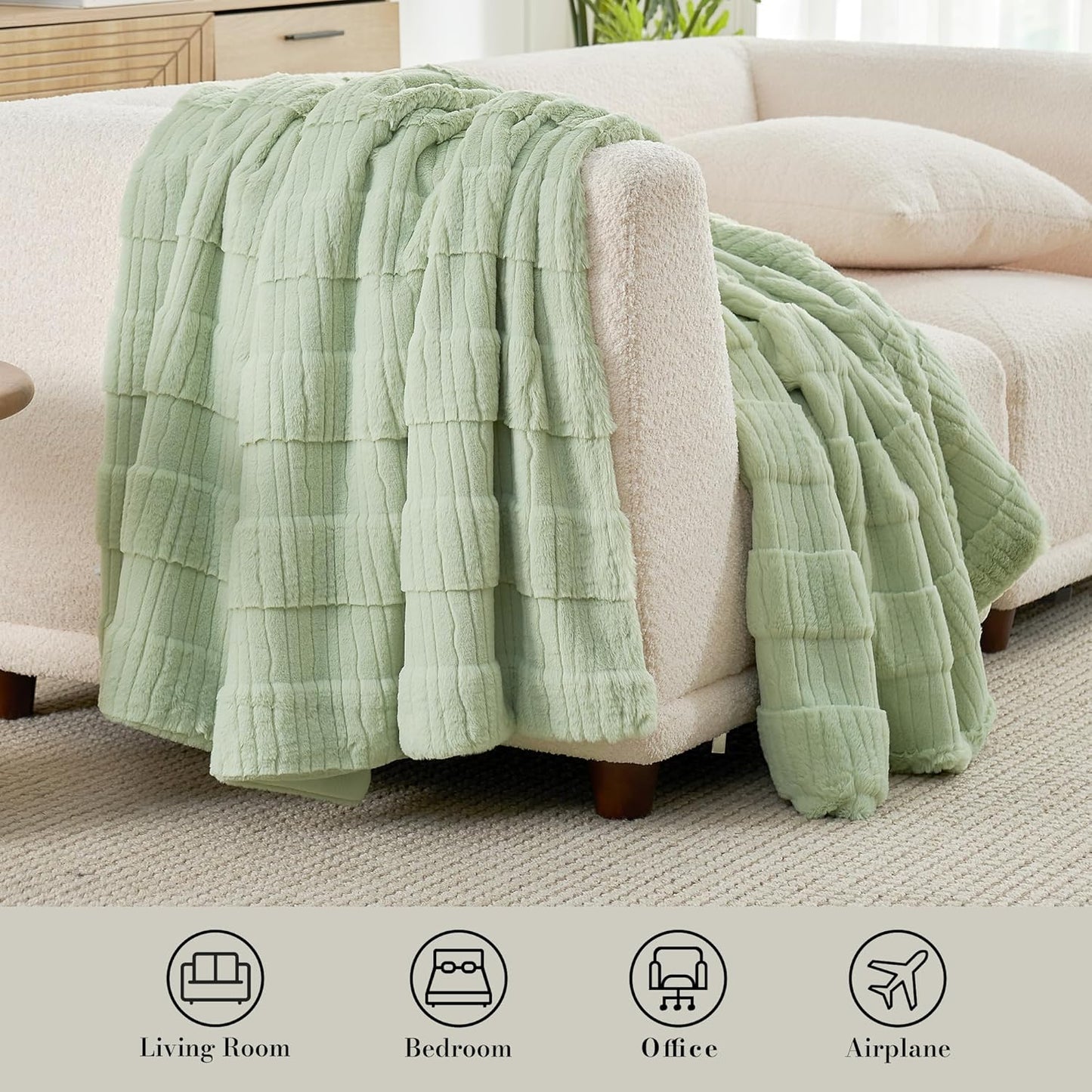 Amélie Home Luxury Striped Faux Fur Throw Blanket for Couch, Embossed Split Fur Cozy Fuzzy Fluffy Luxurious Soft Plush Sofa Chair Bed Gift Blankets for Women Men Wife Friend, 55"x70", Sage Green