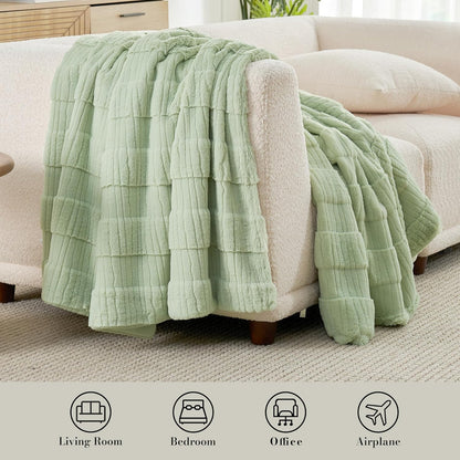 Amélie Home Luxury Striped Faux Fur Throw Blanket for Couch, Embossed Split Fur Cozy Fuzzy Fluffy Luxurious Soft Plush Sofa Chair Bed Gift Blankets for Women Men Wife Friend, 55"x70", Sage Green