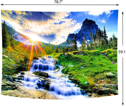 Delur Mountain Waterfall Tapestry Sunset Forest Tree Nature Landscape Tapestry Wall Hanging Tropical Sunrise Rainforest Psychedelic Scenic Headboard for Bedroom Living Room Home Decor (59.1" x 78.7")
