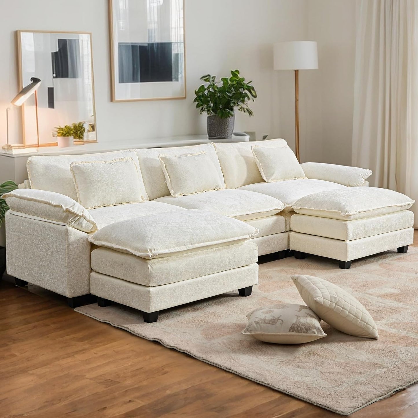 URRED Modular Sectional Sofa Comfy Cloud Couch, Modern Chenille Sofa Sleeper Deep Seat Couches with Ottoman/Pillows for Living Room (White, 117'' - U Shape)