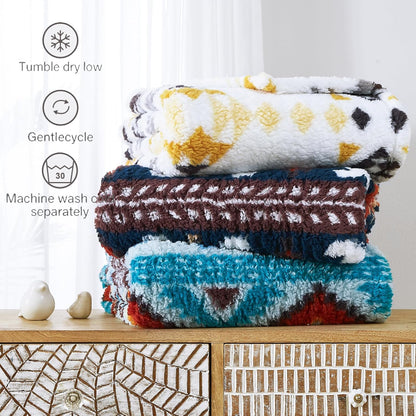CASAAGUSTO Boho Sherpa Throw Blanket, Aztec Queen Blanket, Ultra Soft, Warm, Cozy, Plush, Thick Fleece Bohemian Throw Blanket for Couch, Bed, Sofa (Aqua 90 * 90 Inch)