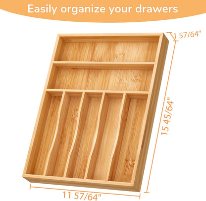 BAMEOS Bamboo Silverware Drawer Organizers, 11.9 inch Utensil Drawer Organizer for Kitchen Drawers, 7 Slots Total Large Flatware Organizer for Knives Cutlery Spoons Forks (Natural)