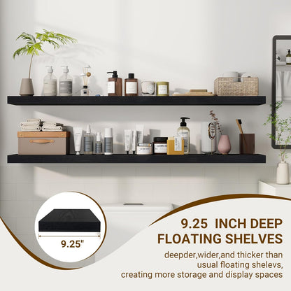55 Inch Floating Shelves, 55"x9.25"x1.5" Inch Deep Floating Shelves for Wall, Wooden Shelves for Bathroom, Bedroom, Living Room, Black