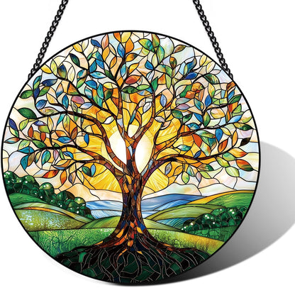 Stained Glass Window Hanging – Double-Sided Glass Sun Catcher with Chain – Memorial Window Art Panel for Home Décor, Spiritual Comfort, and All-Occasion Gifting