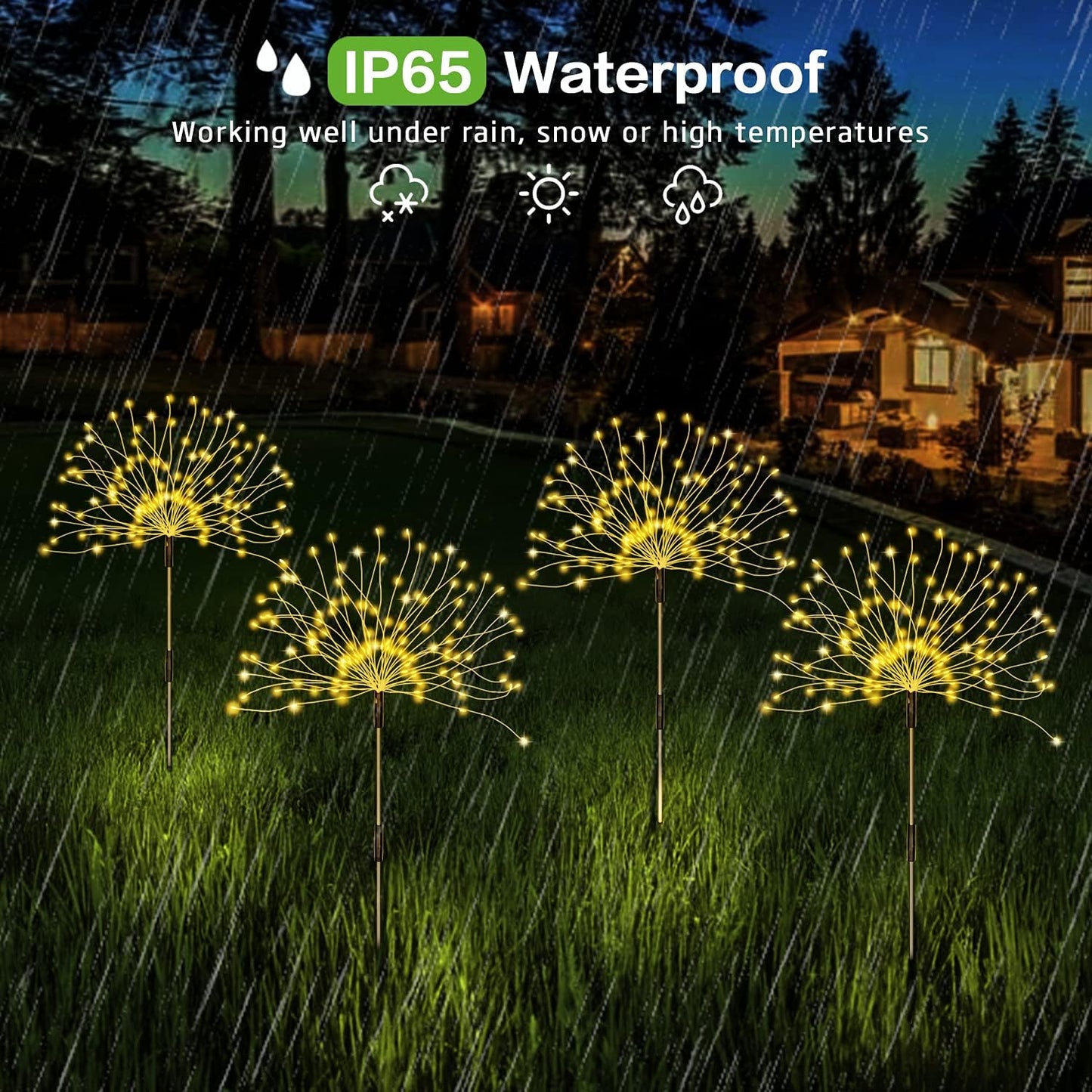 Solar Outdoor Warm White Garden Lights, 4 Pack Firework With 120 LED Starburst String 8 Modes Fairy With Remote, for Wedding Christmas, Lawn Backyard Party Patio Decoration