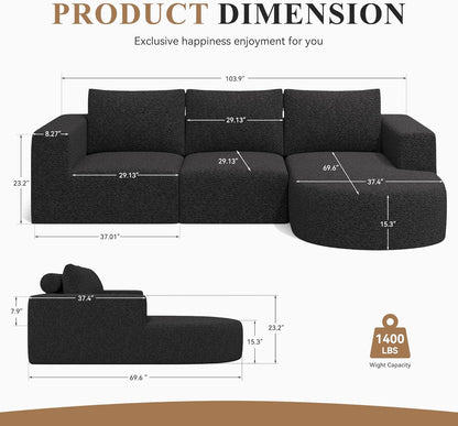Modular Sectional Sofa with L-Shape Chaise,Cloud Sectional Modern Sleeper Couch with Deep Seat,Sponge Compression Sofas No Assembly Required(Black-Sherpa Fabric) 1PCS