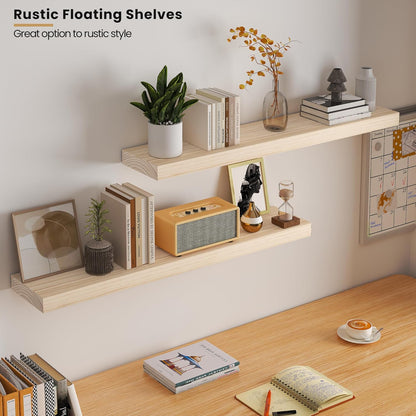 Light Wood Floating Shelves 36”x 8”x 1.4” Book Shelf Floating for Wall Mounted, Heavy Duty Shelf Hold 80 lbs, Unfinished Rustic Wall Shelves for Bedroom, Living Room, Kitchen, Office, Laundry Room