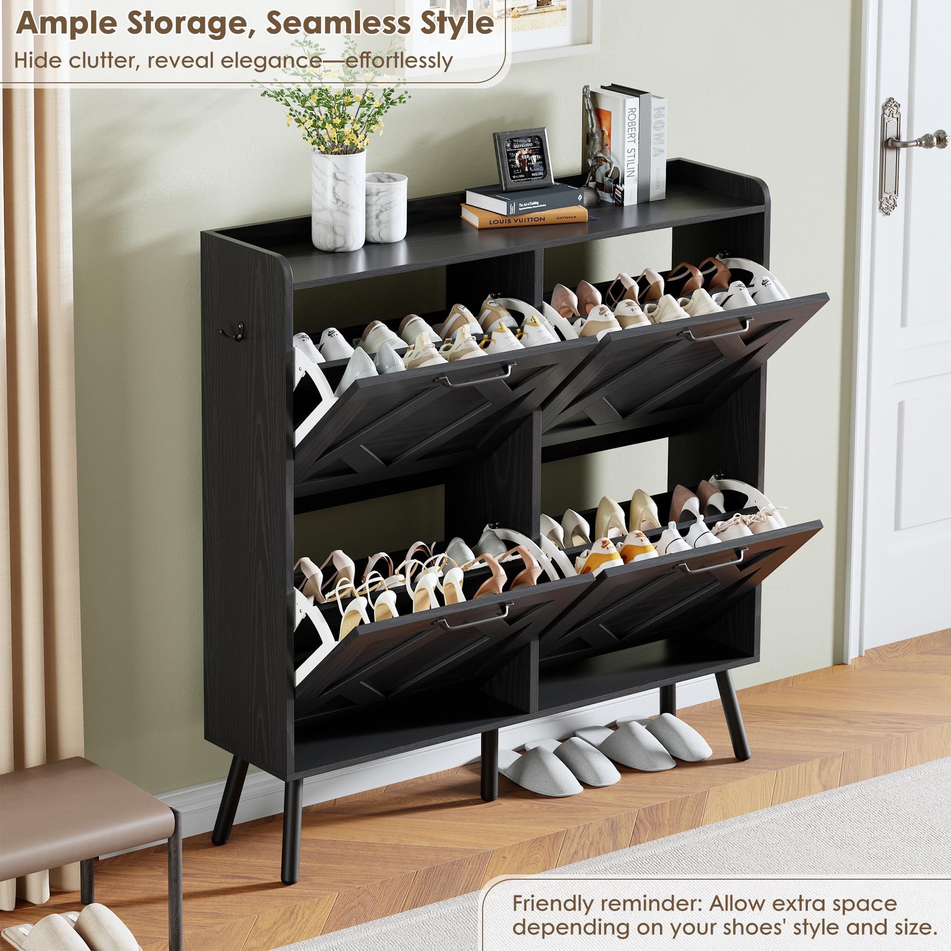 Nicetree Shoe Cabinet with 4 Flip Drawers, Hidden Shoe Rack Cabinet with Metal Legs, Farmhouse