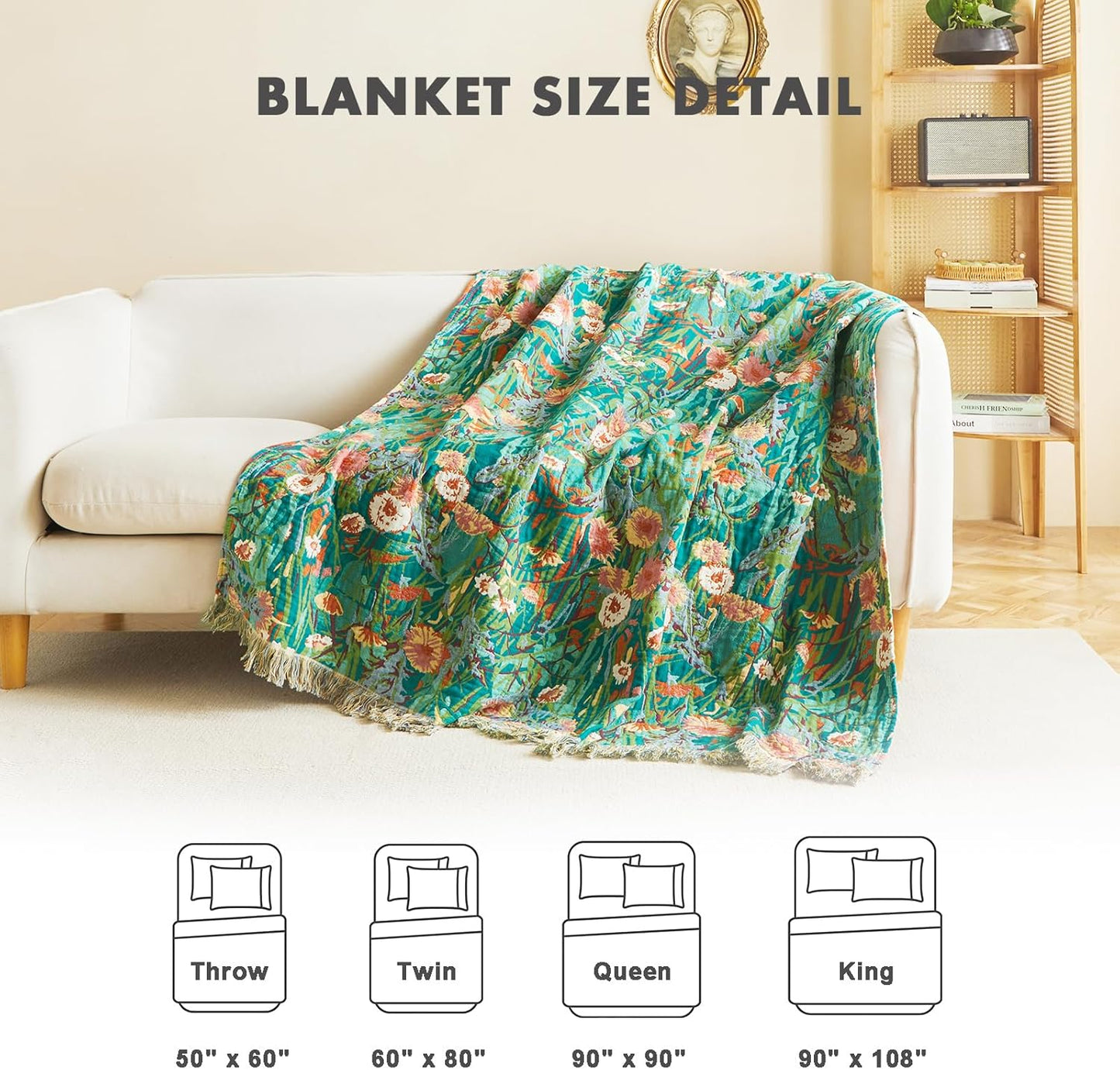 MSGKV Boho Throw Blanket for Bed Twin Size Cotton Muslin Breathable Floral Blanket 60"x80" Sofa Couch Blankets for All Seasons Lightweight Farmhouse Blankets Boho Home Decor