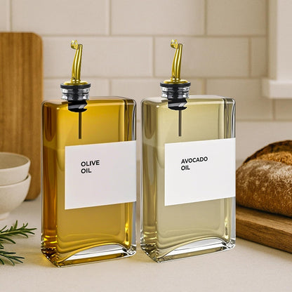 Olive Oil Dispenser Bottle - Includes 44 Kitchen Essential Labels - Cooking Oil Bottles for Kitchen, Coffee Syrup Dispenser - Pourer Spout with 11.8 fl oz Glass Container Cruet - 2pcs, Gold