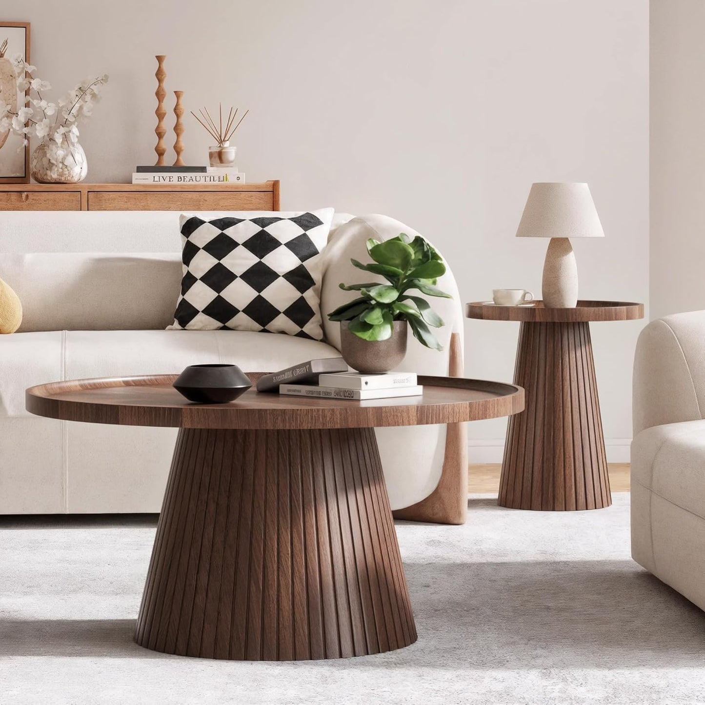 win2win Nesting Coffee Table Set of 2, Mid Century Modern Coffee Table with Wood Grain Veneer, Fluted Round Tea Table and End Table Set, Minimalist Center Tables for Living Room, Office, Walnut