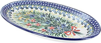 Blue Rose Polish Pottery Day Lily Bouquet Oval Platter