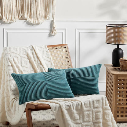 Fancy Homi 2 Packs Teal Lumbar Decorative Throw Pillow Covers 14x24 Inch for Living Room Couch Bed Sofa, Rustic Farmhouse Boho Home Decor, Soft Striped Corduroy Rectangle Accent Cushion Case 35x60 cm