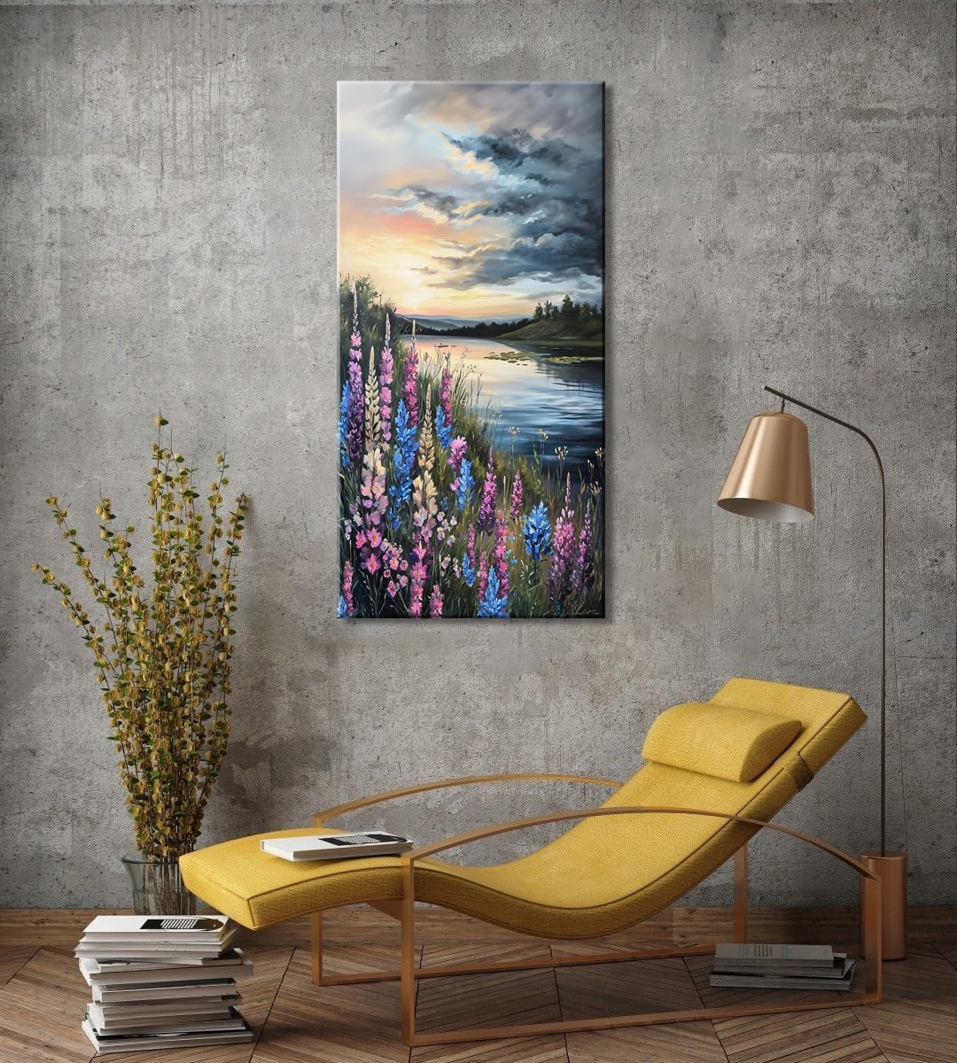 LASMOND Beautiful Colorful Grassland by Riverbank Landscape Wall Art Decor Artwork for Bedroom (24x48 Inches)