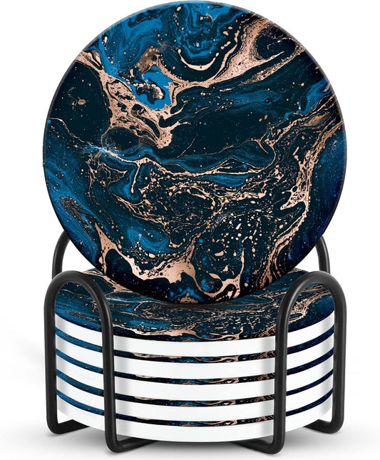 Emerson Coasters for Drinks Absorbent – Natural Stone Drink Coasters Set with Holder, Coasters for Coffee Table, Wooden Tabletop Protection Marble Style – 100% Heavy Duty Set of 6 (Royal)