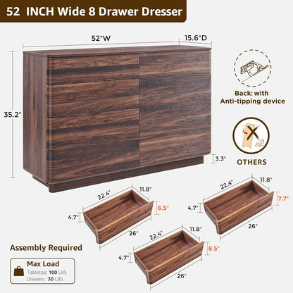 8 Drawer Dresser for Bedroom, 52 Inch Wide Modern Chest of Drawers, Push-to-Open Wood Storgae Organizer with Large Drawers for Bedroom, Living Room, Hallway,Brown