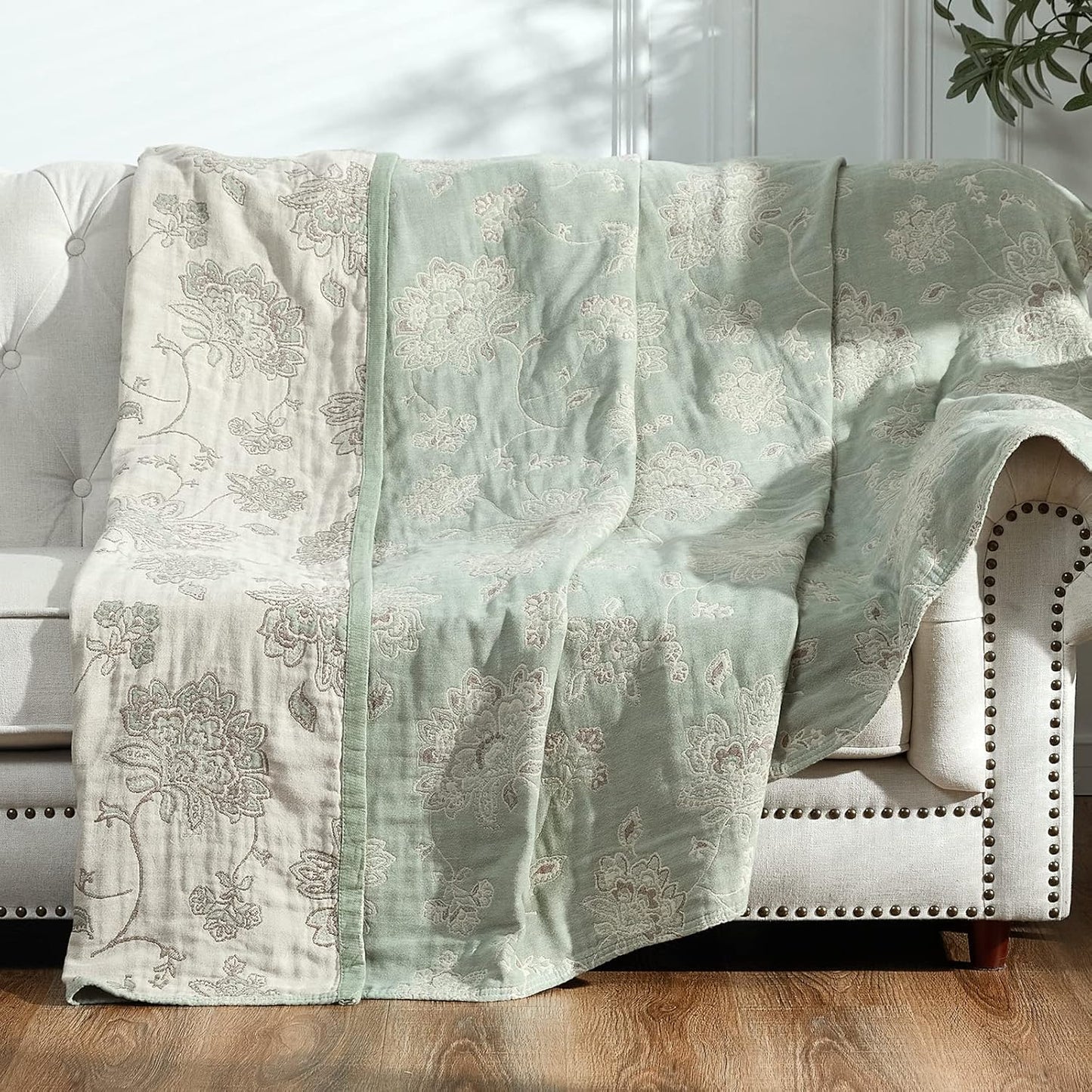 jinchan Boho 100% Cotton Muslin Twin Size 60x80 Inches Blanket Lightweight 4-Layer Quilted Soft Green and Beige Floral Throw Blanket Reversible Comfy Flower Breathable All Seasons Couch Bedroom Decor
