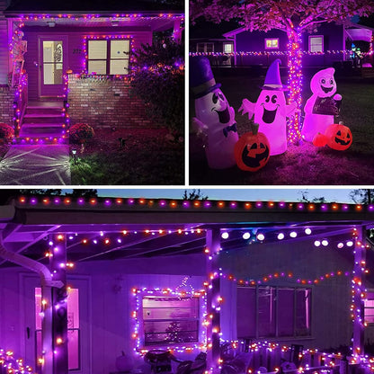 Purple and Orange Halloween Solar String Lights Outdoor, 2 Pack 80FT 200LED Solar Twinkle Lights Outside Waterproof, Copper Wire 8 Modes Lights for Halloween Decoration Outdoor