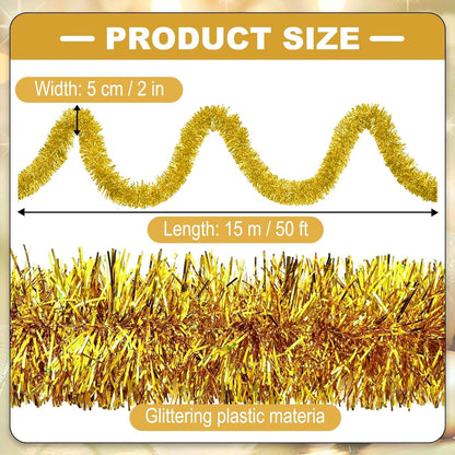 50 Feet Christmas Tinsel Garland, Metallic Twist Wall Hanging Backdrop for Parade Floats, Christmas Eve, New Year Party Decorations (Gold, 2in x 50ft)