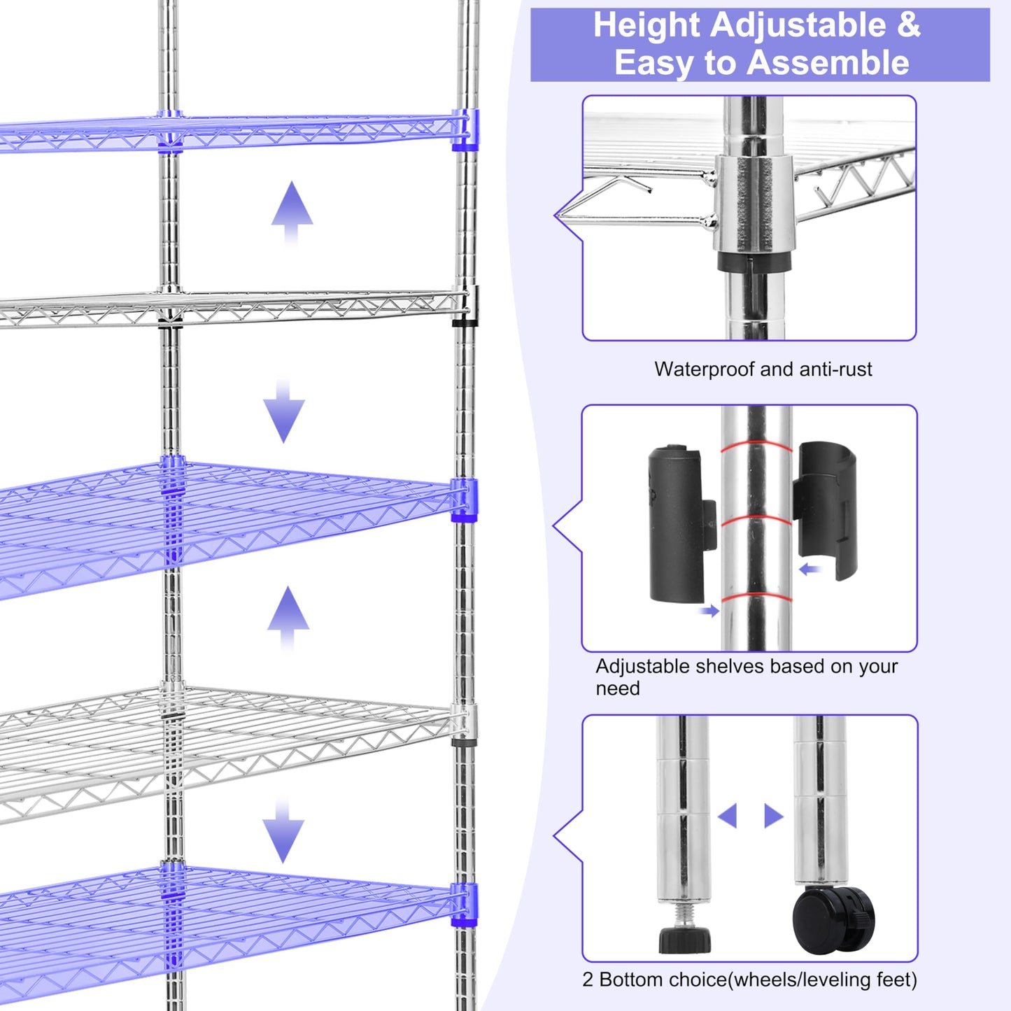 Whitmor 4 Tier Storage Shelves, Heavy Duty with Wheels, Adjustable Steel Organizer Wire Rack, 400