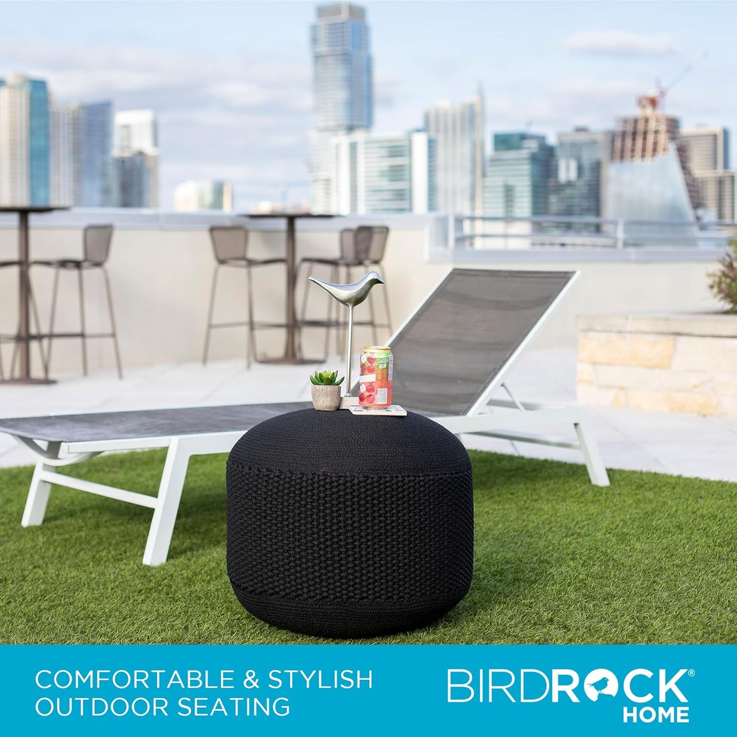 BIRDROCK HOME Outdoor Pouf Ottoman | Hand Woven Waterproof Foot Stool with Bead Bag Filling | Boho Foot Rest for Patio, Living Room, Porch & Outdoor Seating | Lightweight, Soft Stuffed Chair | Black