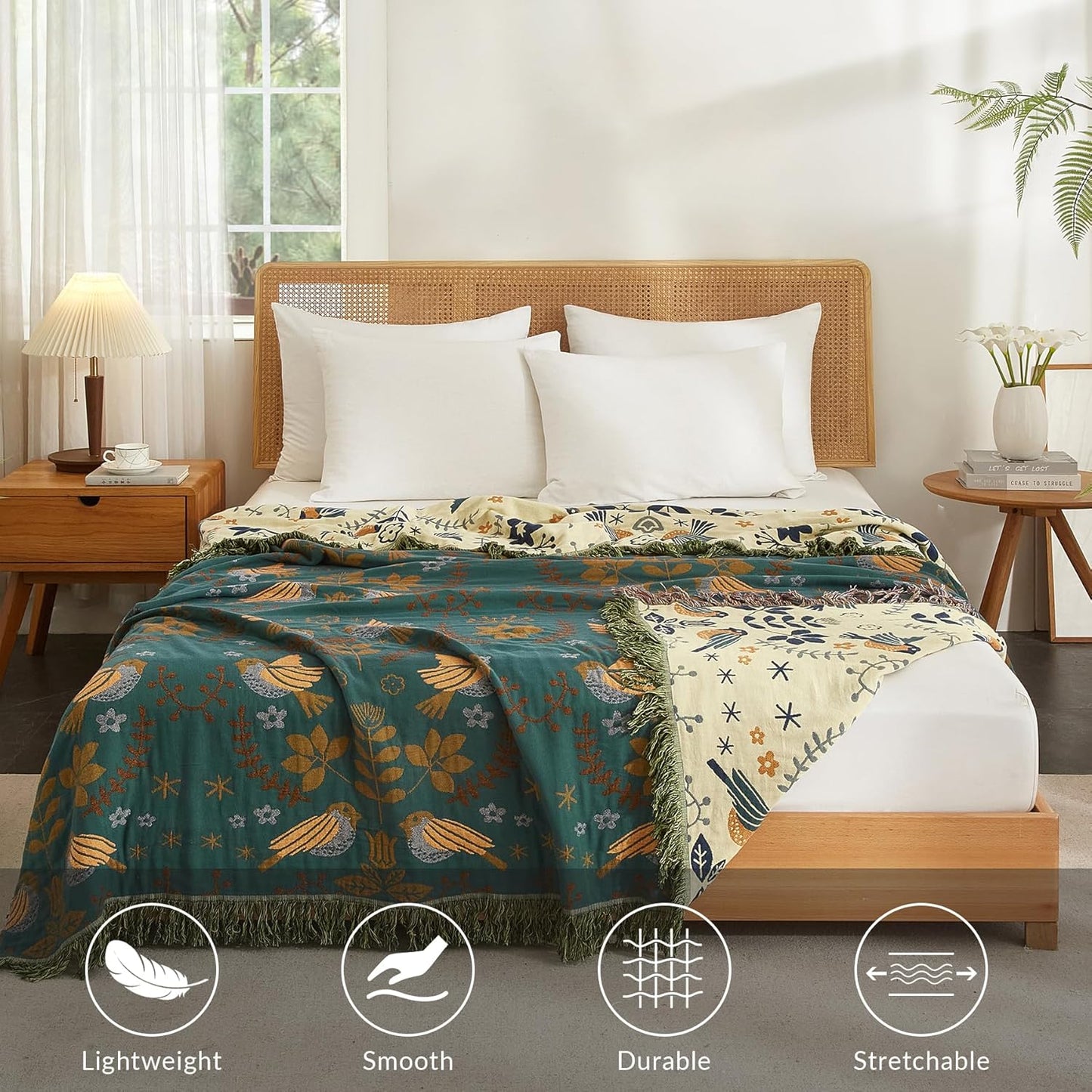 Boho Throw Blanket for Couch Sofa Bed, 100% Cotton Woven Quilt with Tassel 60”x80”, Super Soft Muslin Blanket with Bird Printed, Decorative Reversible Bed Blanket/Cover for All Seasons