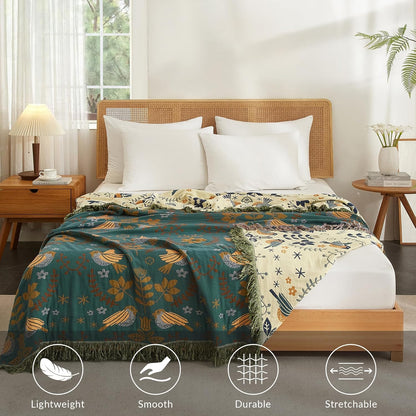 Boho Throw Blanket for Couch Sofa Bed, 100% Cotton Woven Quilt with Tassel 80”x90”, Super Soft Muslin Blanket with Bird Printed, Decorative Reversible Bed Blanket/Cover for All Seasons