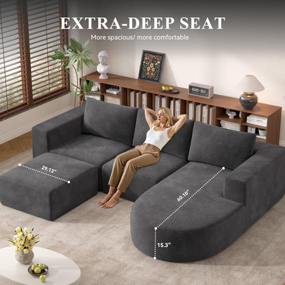 Modular Sectional Sofa with L-Shape Chaise,Cloud Sectional Modern Sleeper Couch with Deep Seat,Sponge Compression Sofas No Assembly Required (Dark Gray-Corduroy Fabric) 1pcs