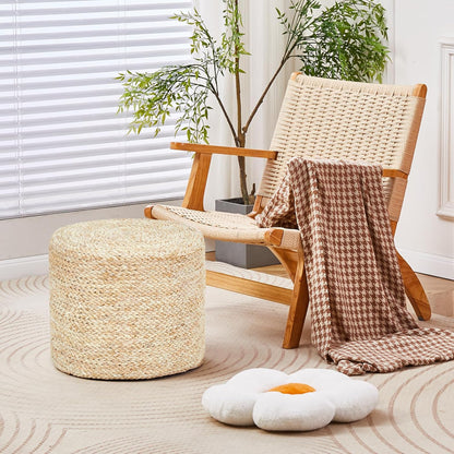 Wimarsbon 18'' Ottoman Pouf, Natural Braided Poof, Rustic Handweave Lounge Pouffe, Boho Footrest Stool for Bedroom, Accent Table or Seat for Living Room (Natural Corn Husk)