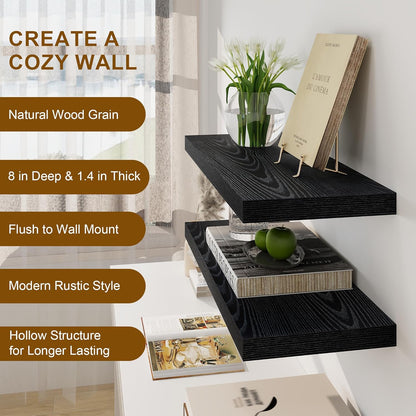 Fun Memories Rustic Black Floating Shelves 24 Inch Long, 8 Inch Deep Floating Shelf, 24 x 8 Wall Shelves Set of 2, Deep Black Bathroom Shelves, 24 Long Floating Bookshelf Wall Mounted