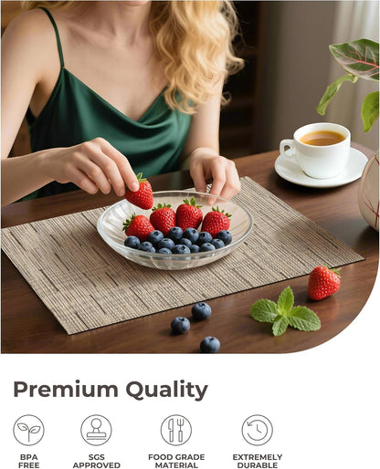 Leetaltree Light Brown Placemats Set of 6 - Heat Resistant Non-Slip Place mats for Dining Table, Washable Durable PVC Vinyl Woven Table Mats（Light Brown, 6）