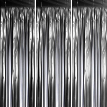 3 Pack 3.3 x 8.2 ft Matte Black Foil Fringe Backdrop Curtains,Gray Tinsel Streamers Party Decorations, Fringe Backdrop, Door Shimmer for New Years, Halloween, Black Theme Party