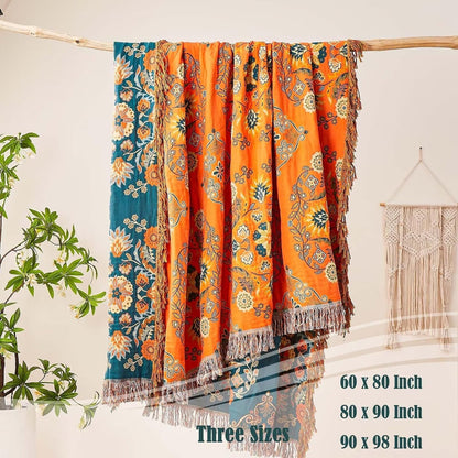 Boho Throw Blanket, 100% Cotton Ultra Soft Luxury Throw Rustic Quilt, 80"x90" Floral Printed Farmhouse Decor Bed Summer Blankets, All Season Rustic Reversible Bohemian Throw for Bed - Orange
