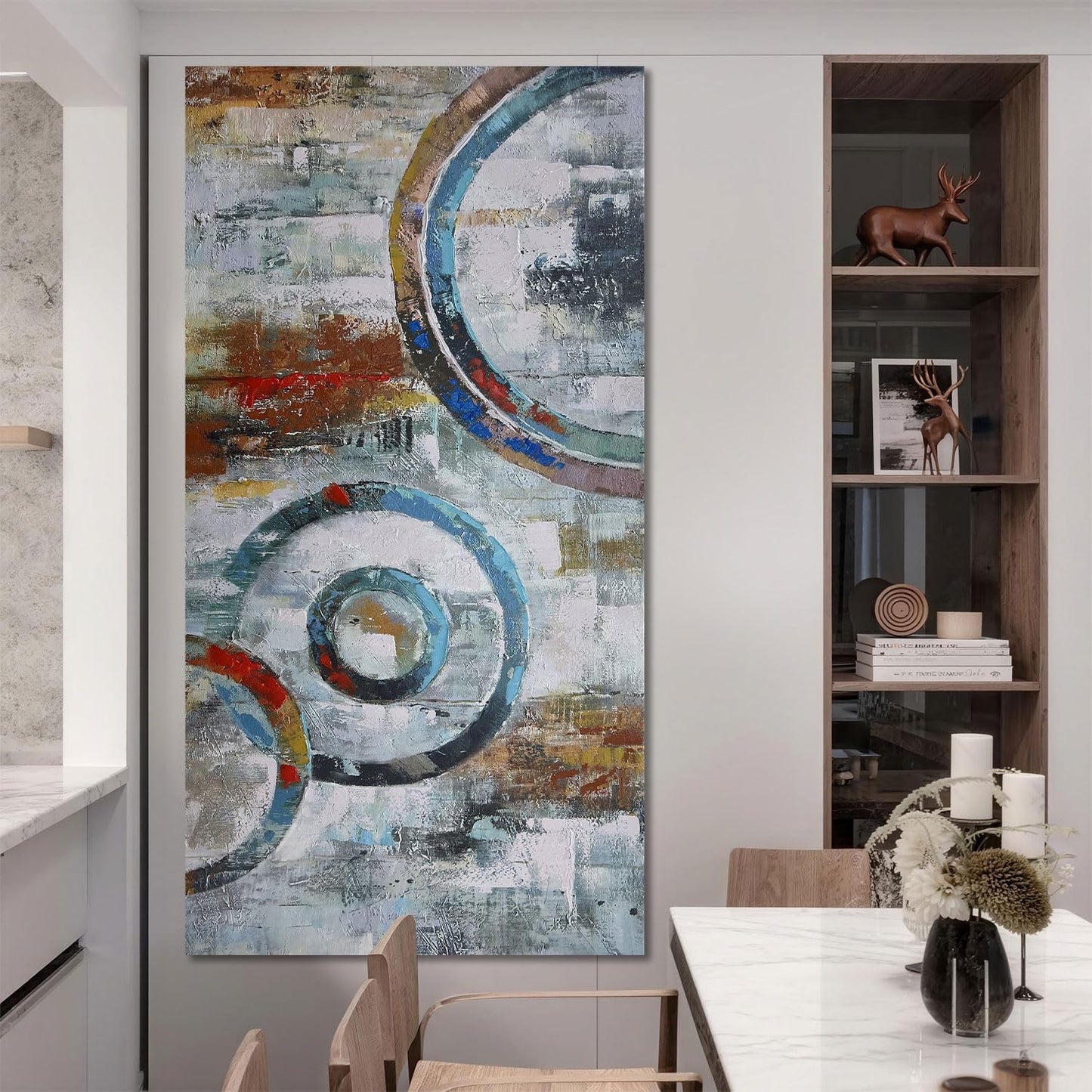 Arjun Abstract Wall Art Geometric Canvas Circle Block Painting Modern Grey Brown Picture Simple Textured Artwork Framed for Bedroom Living Room Home Office Wall Décor, Extra Large 58"x29"