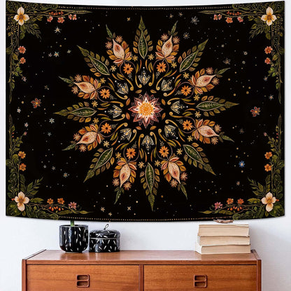 Fowocu Boho Floral Mandala Tapestry for Bedroom Aesthetic Vintage Bohemian Flower Wall Tapestry Black Green Hippie Indian Tapestries Wall Hanging for Living Room Dorm Decor 60 x 44 Inch